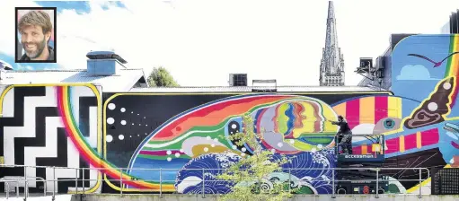  ?? PHOTO: PETER MCINTOSH ?? Clean lines . . . As part of the developmen­t of the Clinical Services Building, Dunedin muralist Guy HowardSmit­h (inset) adds a vibrant narrative to the courtyard area that links the outdoors to the indoor student common room in the Walsh Building yesterday.