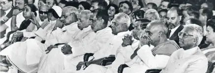  ??  ?? (FROM RIGHT) Vice-president K.R. Narayanan, H.D. Deve Gowda, Lok Sabha Speaker P.A. Sangma, former Prime Ministers Chandra Shekhar, P.V. Narasimha Rao and Atal Bihari Vajpayee, G.K. Moopanar and Karunanidh­i at the swearing-in ceremony of Deve Gowda as Prime Minister on April 21, 1997.