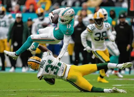  ?? JIM RASSOL/ASSOCIATED PRESS ?? Dolphins No. 2 receiver Jaylen Waddle has had a terrific season with 67 catches for 1,260 yards and 8 touchdowns, including a crucial 42yarder against the Patriots in Week 1.