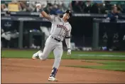  ?? STEPHEN BRASHEAR — THE ASSOCIATED PRESS ?? The Houston Astros’ Jeremy Pena (3) celebrates as he rounds the bases after hitting a home run against the Seattle Mariners during the 18th inning in Game 3of an American League Division Series on Saturday in Seattle.