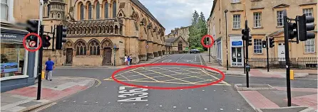  ?? ?? The yellow box in Monmouth Street where more than 200 illegal manoeuvres by motorists were recorded in a day