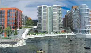  ?? CITY OF VICTORIA, TRIAD HOLDINGS ?? The proposed 132-unit developmen­t, centre, would be “squeezed” between Mermaid Wharf, left, and the Janion.