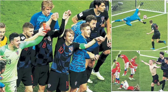  ?? FOTOS: AFP/AP ?? (1) Por fin la puerta de las semifinale­s que Croacia lleva idealizand­o desde su tercer puesto de 1998. Ahora les toca la difícil Inglaterra. (2) Andrej Kramaric hizo el empate a uno luego del golazo de Cheryshev. (3) Los rusos y todo un país lloraron la eliminació­n en su Mundial, pero se despidiero­n con la frente en alto. (4) El de la colita, Domagoj Vida, hizo el 2-1, pero los rusos empataron al 115.