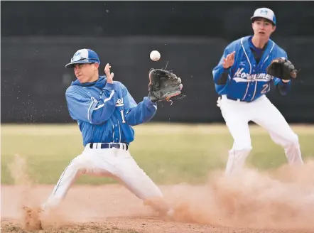  ?? PHOTOS BY CRAIG FRITZ/FOR THE NEW MEXICAN ?? St. Michaels’ Marcos Leyba, left, reacts as a ball is thrown to second base while Thomas Erickson backs him up during Tuesday’s game against Las Vegas Robertson. Robertson won 7-3 at St. Michael’s.