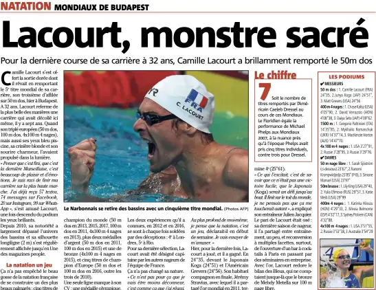  ?? (Photos AFP) ?? Le Narbonnais se retire des bassins avec un cinquième titre mondial.
