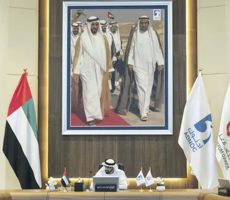  ?? Mohamed Al Hammadi / Ministry of Presidenti­al Affairs ?? Sheikh Mohamed bin Zayed, Crown Prince of Abu Dhabi and Deputy Supreme Commander of the Armed Forces, chairs a Supreme Petroleum Council meeting at Adnoc on Sunday