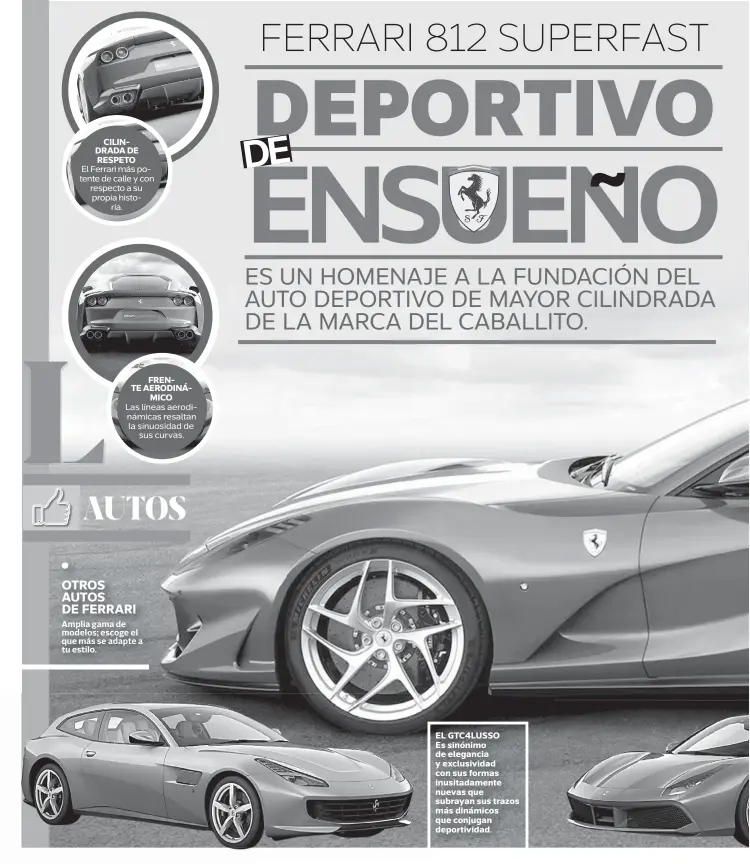  ??  ?? OTROS AUTOS DE FERRARI Amplia gama de modelos; escoge el que más se adapte a tu estilo.EL GTC4LUSSO Es sinónimo de elegancia y exclusivid­ad con sus formas inusitadam­ente nuevas que subrayan sus trazos más dinámicos que conjugan deportivid­ad.