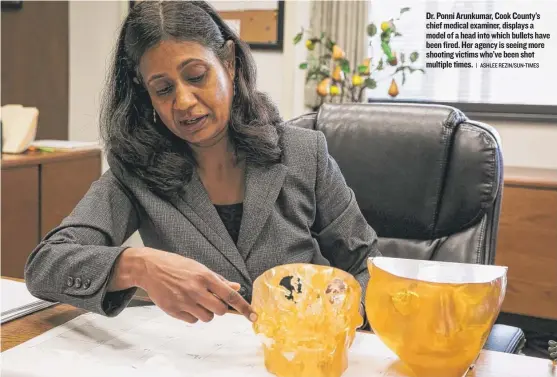  ?? | ASHLEE REZIN/ SUN- TIMES ?? Dr. Ponni Arunkumar, Cook County’s chief medical examiner, displays a model of a head into which bullets have been fired. Her agency is seeing more shooting victims who’ve been shot multiple times.