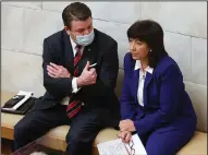  ?? (Arkansas Democrat-Gazette/Thomas Metthe) ?? Sen. Jason Rapert confers with Rep. Mary Bentley on Wednesday before Bentley presented Rapert’s bill to restrict abortion to the House for a vote.