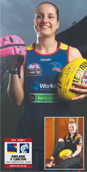  ?? Pictures: HELEN ORR ?? Darwin’s Heather Anderson, who wears pink head gear when she plays for the Adelaide Crows in the AFLW, can share the pain of fellow teammate Sophie Armitstead ( inset)