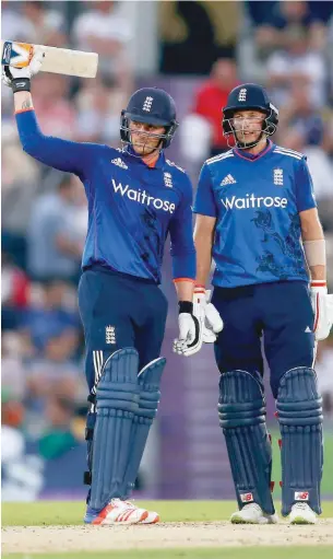  ?? — Reuters ?? England’s Jason Roy celebrates scoring a half century with Joe Root during the first ODI against Pakistan at The Ageas Bowl.