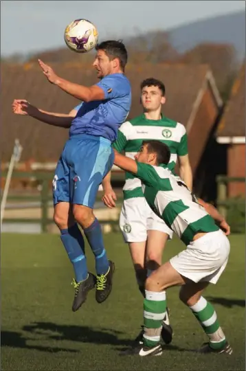  ??  ?? Jason Murphy of North End United gets his head to the ball ahead of Alan Freeman of Shamrock Rovers in Sunday’s Premier Division showdown.