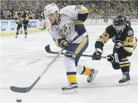  ?? KIRK IRWIN/ GETTY IMAGES ?? The inability of Viktor Arvidsson and other top Nashville forwards to score is a big reason Pittsburgh has a 2-0 series lead.