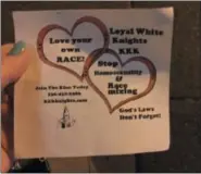  ?? PHOTO PROVIDED ?? Shown above is one of the flyers handed out Saturday by a group claiming to represent a local chapter of the Ku Klux Klan.
