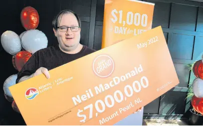  ?? JOE GIBBONS • THE TELEGRAM ?? Neil Macdonald of Mount Pearl with his cheque at the Slainte Restaurant in downtown St. John’s on Wednesday, May 11.