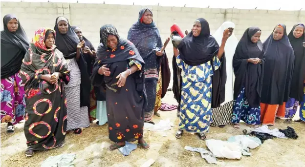  ?? Photo: Tunji Omirin ?? Mothers seeking informatio­n on their children detained by the military over alleged complicity with Boko Haram during a peaceful protest in Maiduguri yesterday.