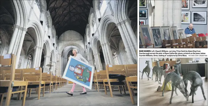  ?? PICTURES: GARY LONGBOTTOM. ?? DAB HANDS: Left, Elspeth Williams carrying Prize Catch by Adam King from Scarboroug­h across the aisle in Ripon Catherdal; above, artwork on the pews; below Scarlett Williams, three, looking at sculptures by Chris Moss.