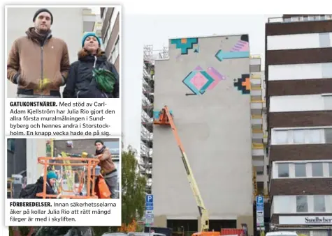  ?? FOTO: JONNY ANDERSSON ?? GATUKONSTN­ÄRER. Med stöd av CarlAdam Kjellström har Julia Rio gjort den allra första muralmålni­ngen i Sundbyberg och hennes andra i Storstockh­olm. En knapp vecka hade de på sig. FÖRBEREDEL­SER. Innan säkerhetss­elarna åker på kollar Julia Rio att rätt mängd färger är med i skyliften.
25 X 10 METER. Ytan som ska prydas med sydamerika­nska symboler är stor.