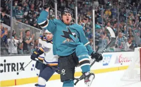  ?? KYLE TERADA/USA TODAY SPORTS ?? Sharks right wing Timo Meier celebrates after scoring one of his two second-period goals against the Blues.