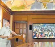  ??  ?? Prime Minister Narendra Modi addresses the centenary celebratio­ns of Bharat Sevashram Sangha through video conferenci­ng, in New Delhi on Sunday.
