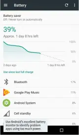  ??  ?? Use Android’s excellent battery monitor to identify problem apps using too much power.