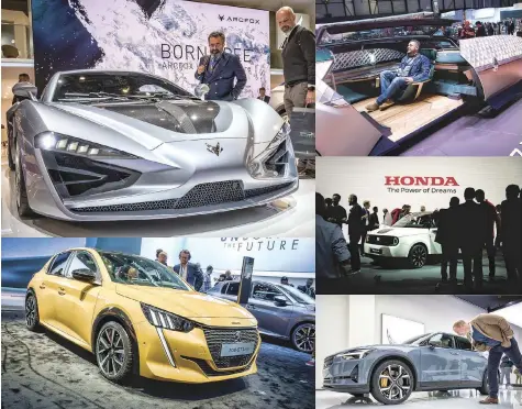  ??  ?? (Clockwise from top left) Visitors admire the Arcfox-GT model car at the booth of the Chinese carmaker ahead of the Geneva Internatio­nal Motor Show. • A visitor sits in the Renault EZ-ULTIMO concept car. • Also displayed is the new Honda e prototype. • Checking out the new Polestar 2 electric model. • A Peugeot 208 GT Line.— AFP photos