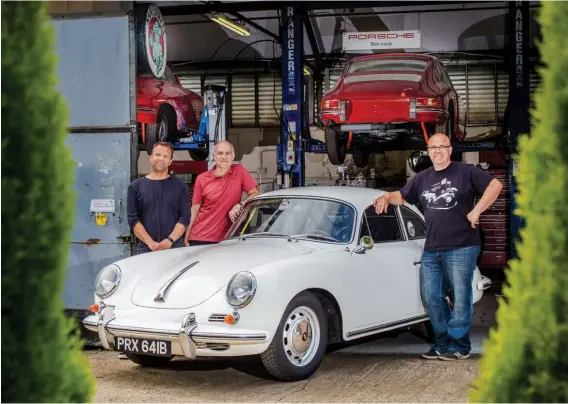 ??  ?? Above: Martin and Peter Studer are delighted with the results of the restoratio­n of their late father’s 356 at the hands of Paul Smith (right)