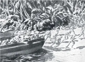  ?? Stepping Stones to the Solomons. ?? Illustrati­on of the first wave leaping ashore and running for cover under fire at Falami from the book