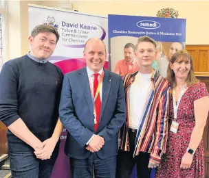  ??  ?? A new hate crime video has been produced by victims is set to be shown to young people in Cheshire groups. Picture shows James Brett, PCC David Keane, Luca Matthews and Lisa Gill from Remedi