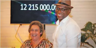  ?? SUPPLIED ?? ABOVE: Cape Wine Auction trustees Wendy Appelbaum (left) and Raymond Ndlovu, who also serves as chairperso­n, celebrate the money raised at this year‘s event.