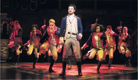  ??  ?? Jamael Westman (Alexander Hamilton) with the West End cast of Hamilton, performing at the newly restored Victoria Palace theatre yesterday evening to a standing ovation