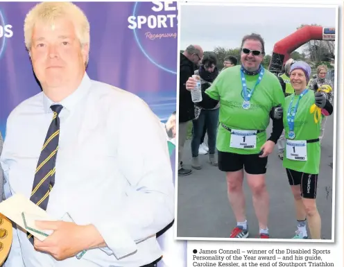  ??  ?? James Connell – winner of the Disabled Sports Personalit­y of the Year award – and his guide, Caroline Kessler, at the end of Southport Triathlon