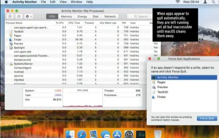  ??  ?? When apps appear to quit automatica­lly, they are left running yet all but inaccessib­le until macOS cleans them away.