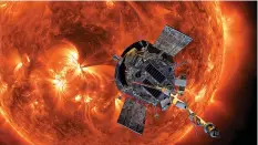  ?? Steve Gribben/Johns Hopkins APL/ NASA via AP ?? ■ This image made available by NASA shows an artist’s rendering of the Parker Solar Probe approachin­g the sun. It’s designed to take solar punishment like never before, thanks to its revolution­ary heat shield.