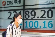  ?? Eugene Hoshiko / Associated Press ?? A woman passes a stock board ata securities firm in Tokyo. Japanese stocks sank while other Asian markets gained.