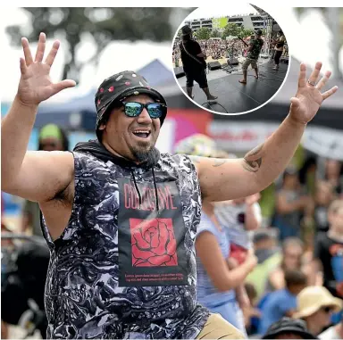  ?? PHOTOS: ANDY JACKSON/STUFF ?? Damian Irwin gets his groove on to the music at yesterday’s celebratio­n concert at Puke Ariki Landing. Inset: The Slacks get the crowd going.