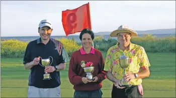  ??  ?? Winners at the Machrie Bay Glof Club championsh­ip were, left to right, Phil Betley, gents, Kema Genda, ladies, and Brian Sherwood, President’s Cup winner.