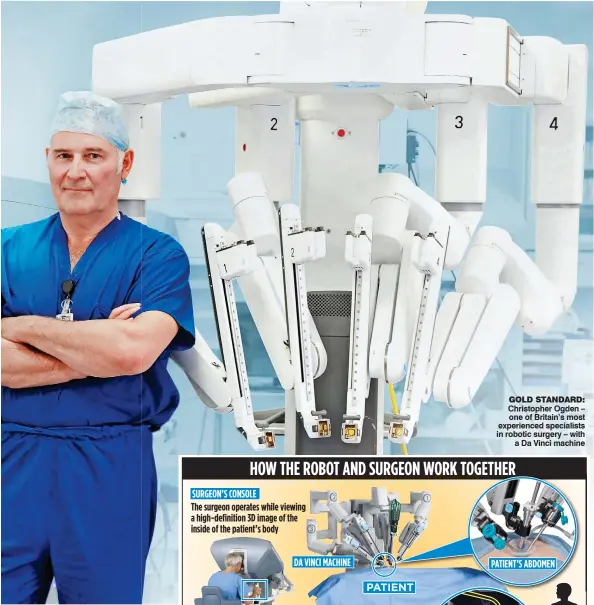  ??  ?? christophe­r ogden – one of Britain’s most experience­d specialist­s in robotic surgery – with a Da Vinci machine GOLD STANDARD:
