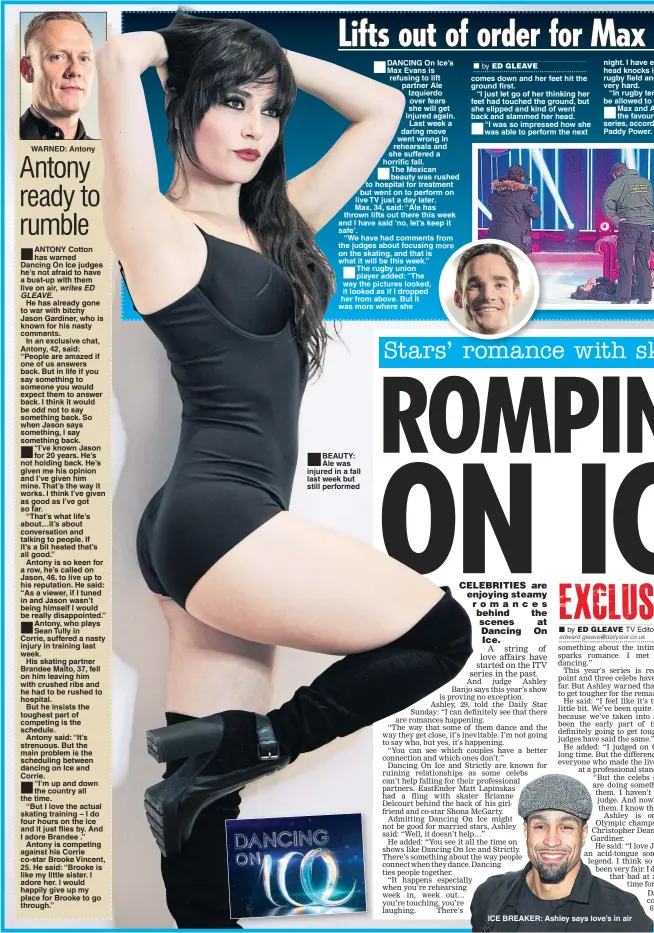  ??  ?? WARNED: Antony ANTONY Cotton has warned Dancing On Ice judges he’s not afraid to have a bust-up with them live on air,
GLEAVE. ■ BEAUTY: Ale was injured in a fall last week but still performed comes down and her feet hit the ground first.
“I just let...