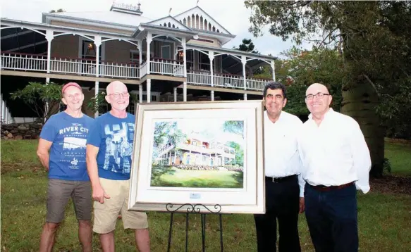  ??  ?? TOP CALENDAR: Showing off the painting of "Penola" that will feature on the 2019 Heritage Bank calendar are (from left) current owners Frank Comuzzo and Ron King, with Heritage Chairman Kerry Betros and CEO Peter Lock.