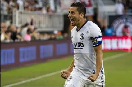 ?? TONY QUINN —ICON SPORTSWIRE VIA AP IMAGES ?? Union midfielder Alejandro Bedoya celebrates his third-minute goal during a game against D.C. United Sunday night at Audi Field. Bedoya trained fully Wednesday and expects to be fit for Sunday’s playoff opener against the Red Bulls.