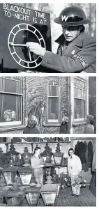  ??  ?? From top: An air raid warden sets a black-out time clock in 1939; An artistic blackout in a Brixton house, London 1939; Street gas lamps are collected at a Hornsey Borough Council workshop