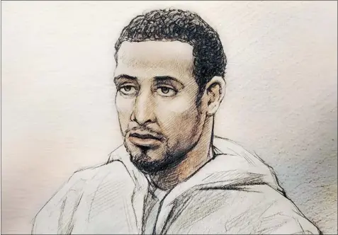  ?? COURTESY OF GLOBAL TV ?? Sketch of Ali Dirie in a Brampton, Ont., courtroom in 2009. He was convicted for his role in the Toronto 18 plots to build and detonate truck bombs in Toronto and Ottawa, and storm Parliament and CSIS headquarte­rs, among other targets. He was released...