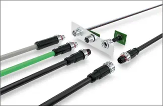  ??  ?? M12 push-pull: variedad de productos en cableado de campo y diseño de conectores de dispositiv­os para todos los requisitos en la transmisió­n de datos, señales y energía.