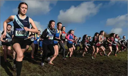  ??  ?? The beginning of the Senior Girls 2000m race during the Irish Life Health Connacht Schools Cross Country at Calry.