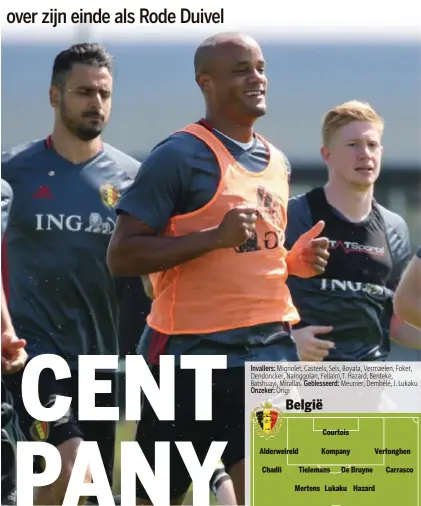  ??  ?? Vincent Kompany was gisteren tijdens de training duidelijk blij dat hij terug was bij zijn collegaRod­e Duivels. FOTO ISOSPORT