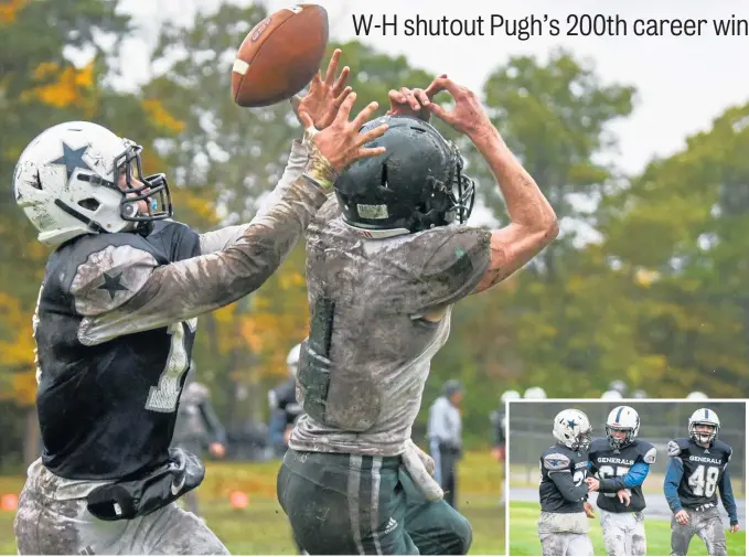  ?? HERALD PHOTOS B Y JEFF PORTER ?? (MAIN) EYES ON THE PRIZE: Hamilton-Wenham’s Ian Coffey goes up to make a catch over Austin Prep’s Dylann Cann. (INSET) GOOD STUFF: Hamilton Wenham’s Samuel Webber (left) celebrates with teammates Michael Katsiris and Quinlan Kelly after making a two-point conversion.