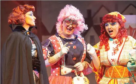  ??  ?? Action from Roundwood Variety Group’s Panto ‘Cinderella’: from left - Saibhe Smith (Stepmother) with ugly sisters Alex Brady (Griselda) and Eddie Cullen (Amnesia).