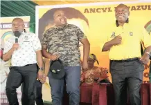  ?? MOTSHWARI MOFOKENG African News Agency (ANA) ?? SIHLE Zikalala, Collen Maine and Ramaphosa during the Cato Crest rally celebratin­g the life of Peter Mokaba. |