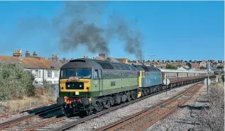  ?? STEPHEN GINN ?? No less than five Class 47s on three different railtours visited Weymouth on July 9, with LSL’s Nos. D1935 (47805) Roger Hosking M.A. 1925-2013 and 47614 (47853) rostered for the ‘Dorset Coast Statesman’, seen getting under way with the return leg to Norwich. Also visiting was No. 47813 (topand-tail with No. 35028 Clan Line) on the ‘End of Southern Steam’ from London Victoria via Yeovil, and Nos. 47826/47804 on the Northern Belle from Birmingham Internatio­nal.